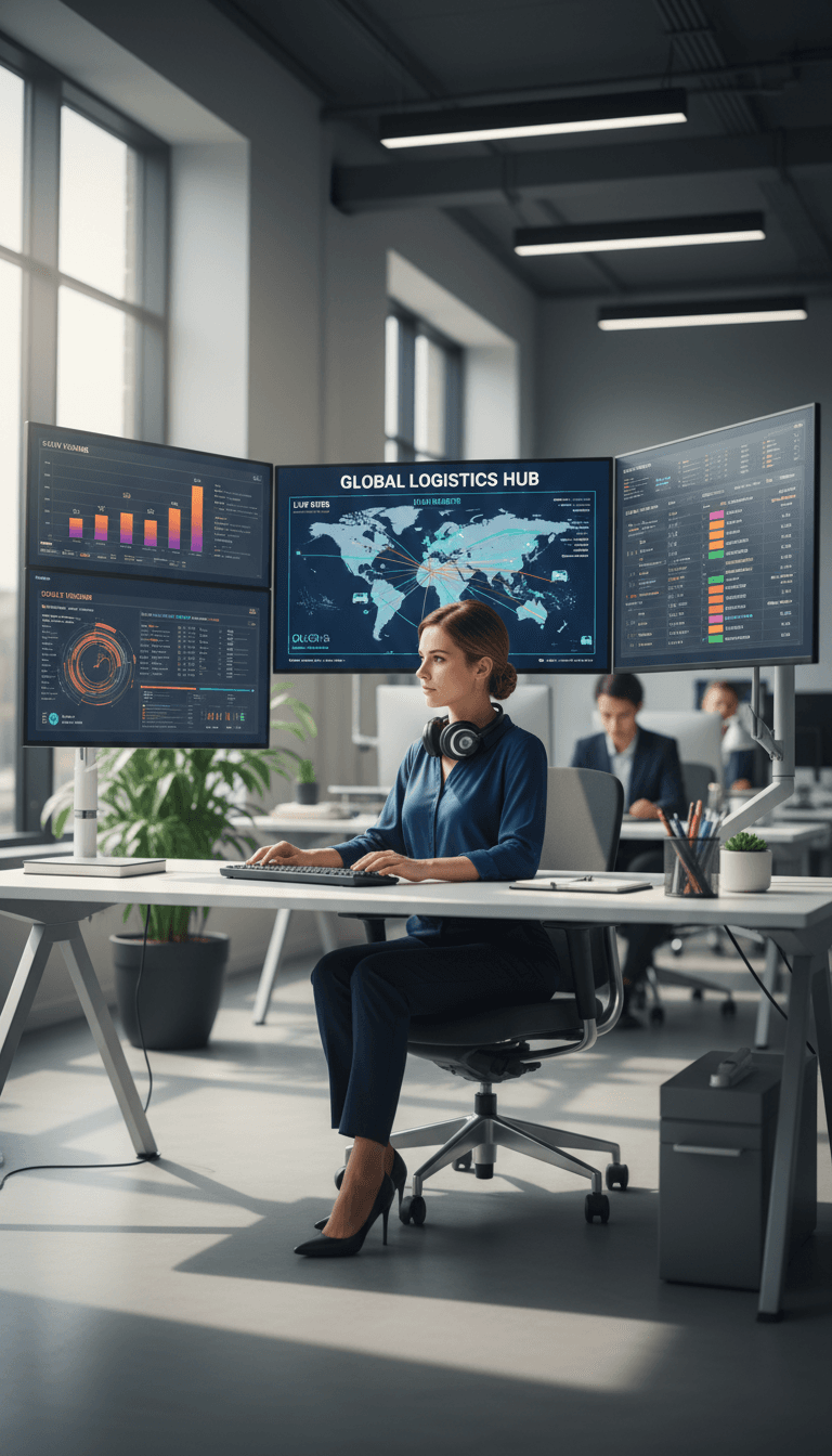 Professional female logistics dispatcher monitoring multiple computer screens displaying real-time shipment tracking and route optimization data