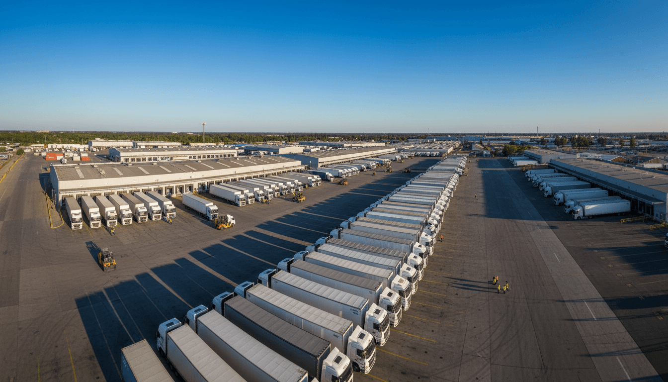 Aerial view of sprawling freight yard with dozens of parked semi-trucks and trailers arranged in organized rows