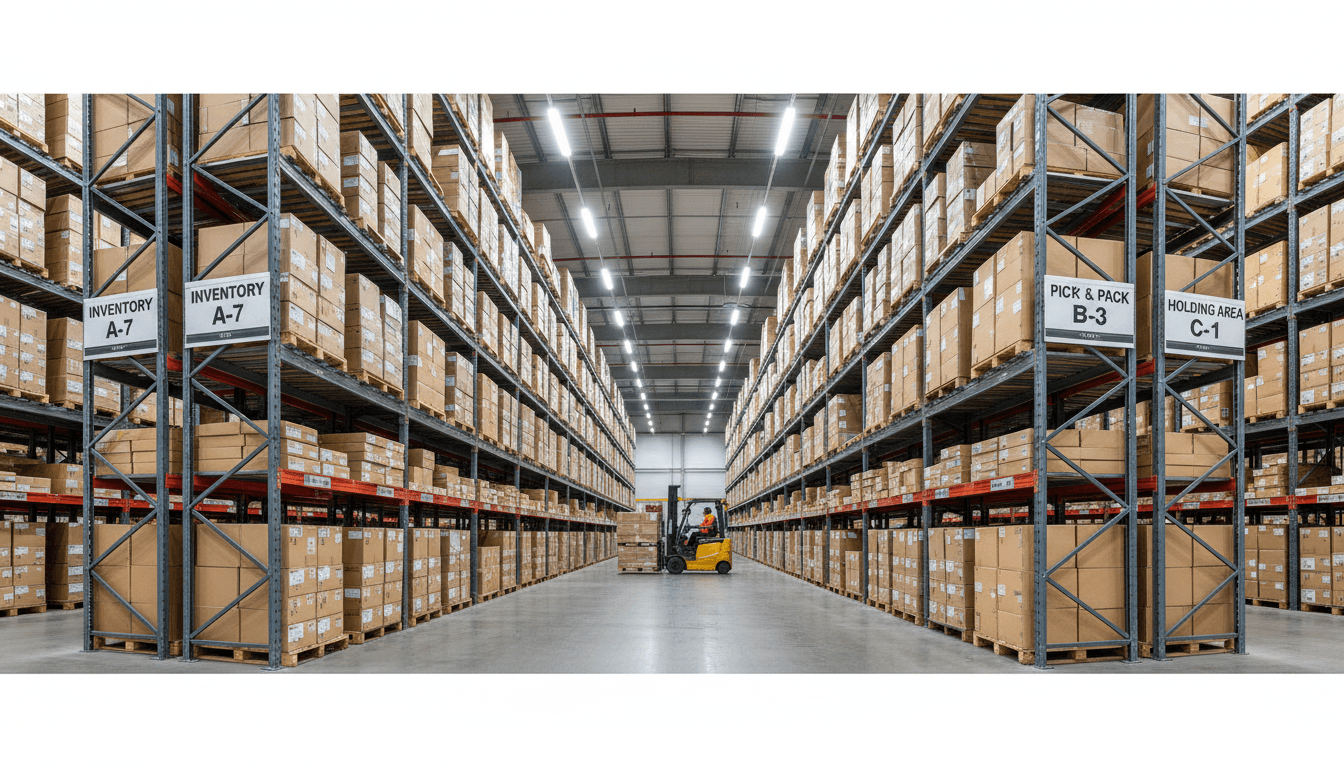 Warehouse with pallets and shelving