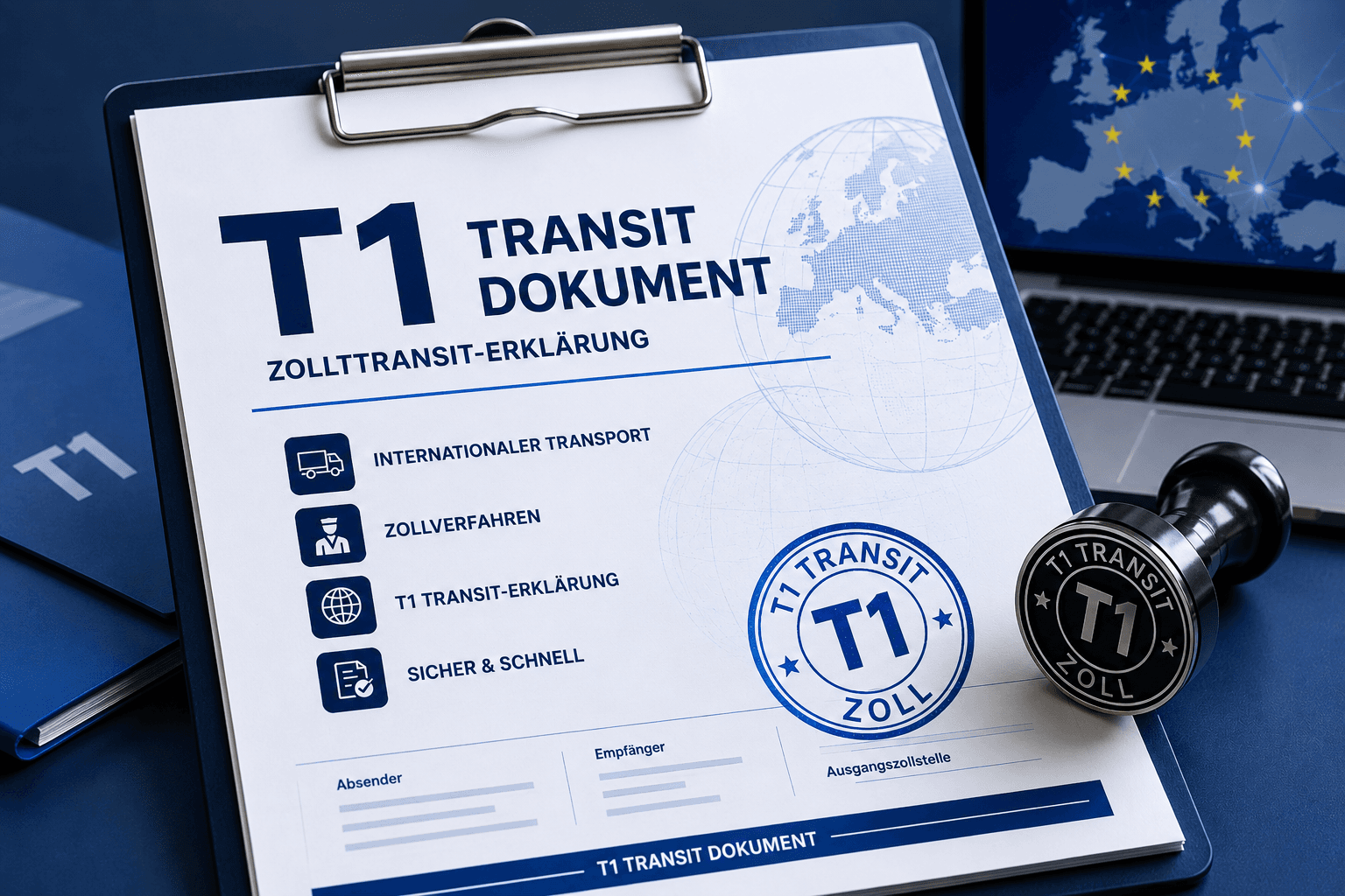 T1 transit document on a clipboard with a customs stamp and EU map background.